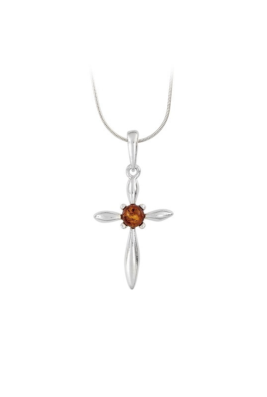 Amber by Vessel Necklace, Angela Sterling Silver Cross with Amber