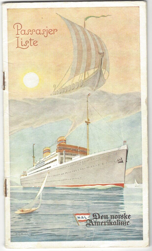 A print showing a Viking ship on the top and a steamship on the bottom. Text on the image reads "Passasjer Liste" and "Den Norske Amerikalinje"