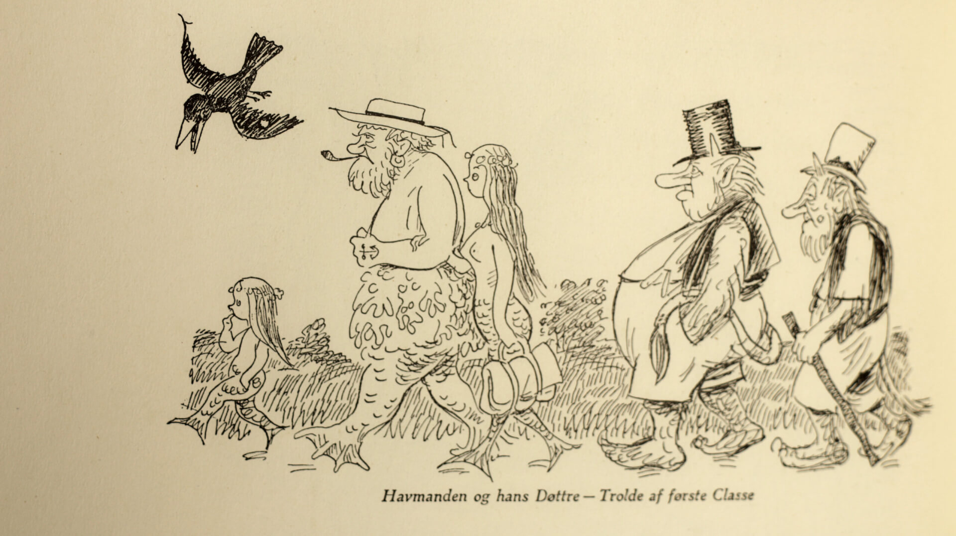 An illustration from an H.C. Andersen book with a Danish caption: " The Merman and his daughter — Trolls of the first class"