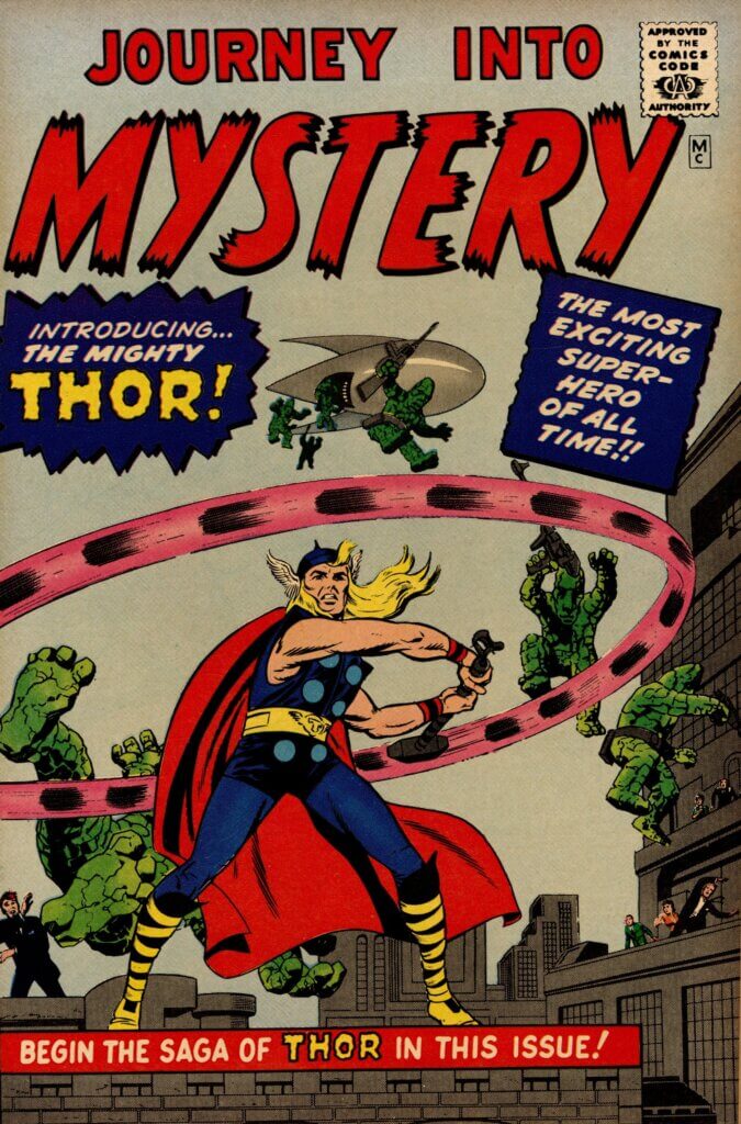 A man in a red cape swings a hammer over his head. Text reads "Journey into Mystery"