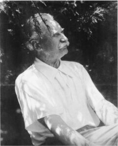 a man with a white shirt, white hair, and a moustache