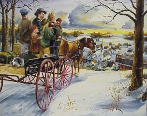 Painting of a family in a horse drawn carriage. The father and mother are in the front, and the mother has a toddler in her arms. There are a young boy and two younger girls in the back, as well as a dog. They are facing away from the viewer and toward the town in the distance, snow on the ground. The town features several buildings and a large white church.