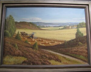 Painting depicting a farmer harvesting wheat, hilly heath surrounds the field, in the background other fields and water is seen.