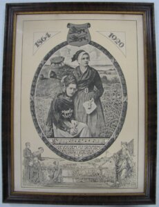 A poster with the years 1864 and 1920 at the top, in the middle are to women in a wheatfield, at the bottom an illustration of 3 adults and a child by a bridge.