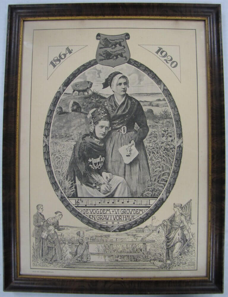A poster with the years 1864 and 1920 at the top, in the middle are to women in a wheatfield, at the bottom an illustration of 3 adults and a child by a bridge.