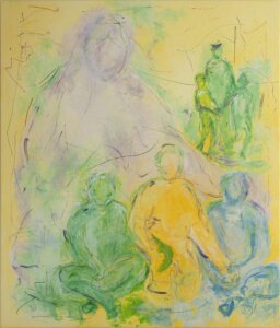 Yellow painting with different colors layered on top creating human shapes.