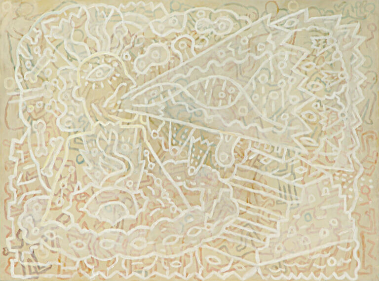 Cream colored oil painting on wood.