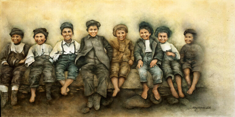Bench with eight children, all are smiling.