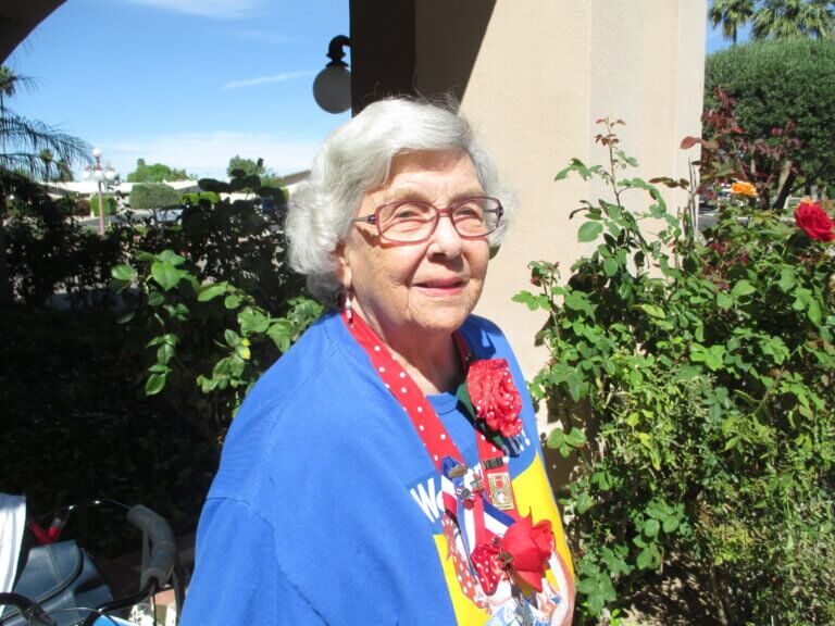 Corinne Eagen Kellar in a Rosie the Riveter t-shirt.