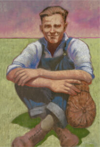 A painting of a man, sitting cross-legged He is wearing overalls and has a brown cap in his hand.