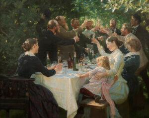 A painting several people are standing with glasses raised to a toast, by a table, there is greenery around the people.