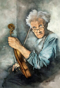 Old man with white hair and glasses, he is holding a violin.