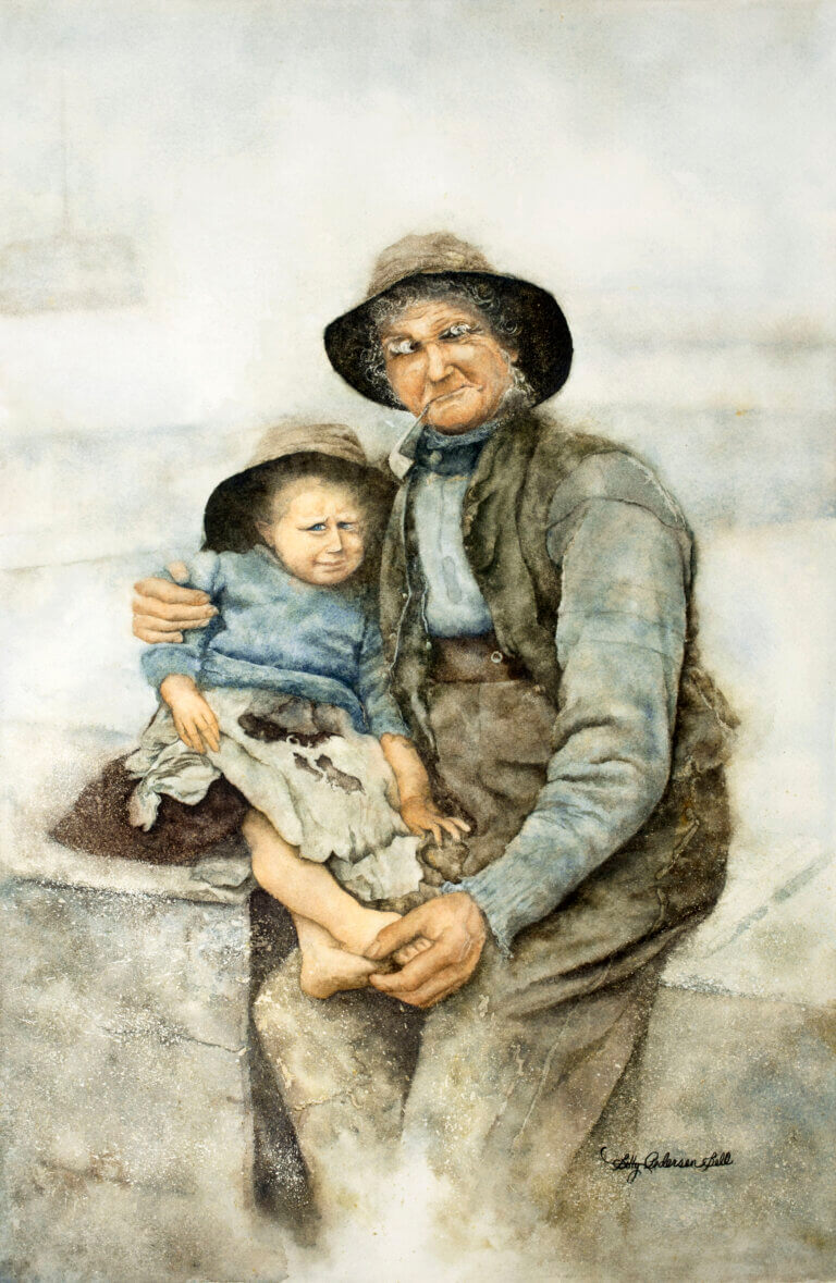 An old man is holding a child, both are in tattered clothes.