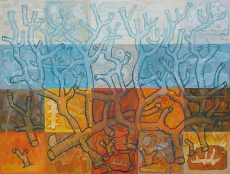 Squares in shades of yellow, orange, and blue are in the background. Layered on top is a branching, coral-like design.