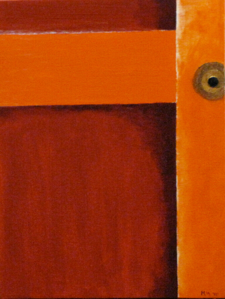 A painting of a partial door. The door is red with orange details and a gold doorknob.