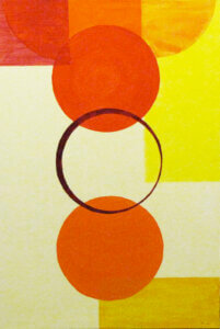 A painting with 3 circles. The circles overlap each other slightly. Top and bottom circles are orange, the middle is unfilled and only shown by a brown-red line. Yellow or orange rectangles are on the edges of the canvas.