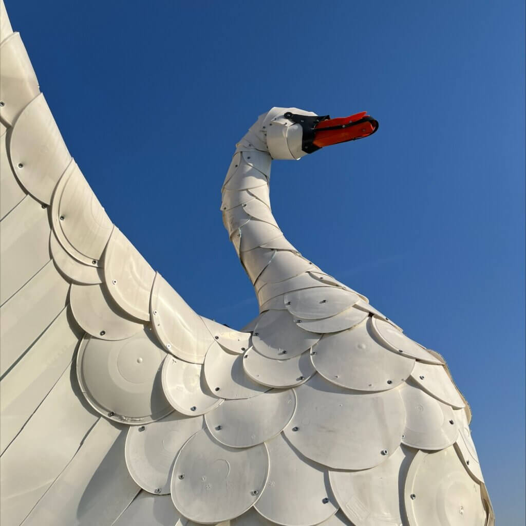 Swan sculpture made of white plastic. The swan is facing left. Blue sky is behind it.