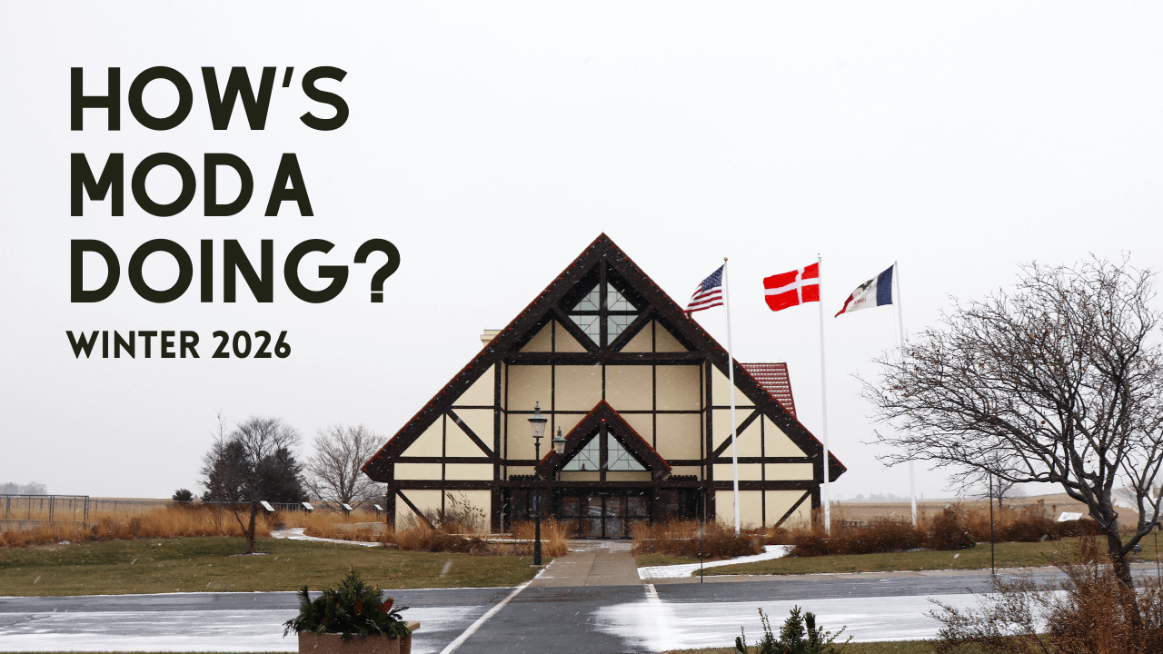 An external photo of the museum. A light dusting of snow covers the ground, and black text reads "How's MoDA Doing? Winter 2026" in the top left corner.